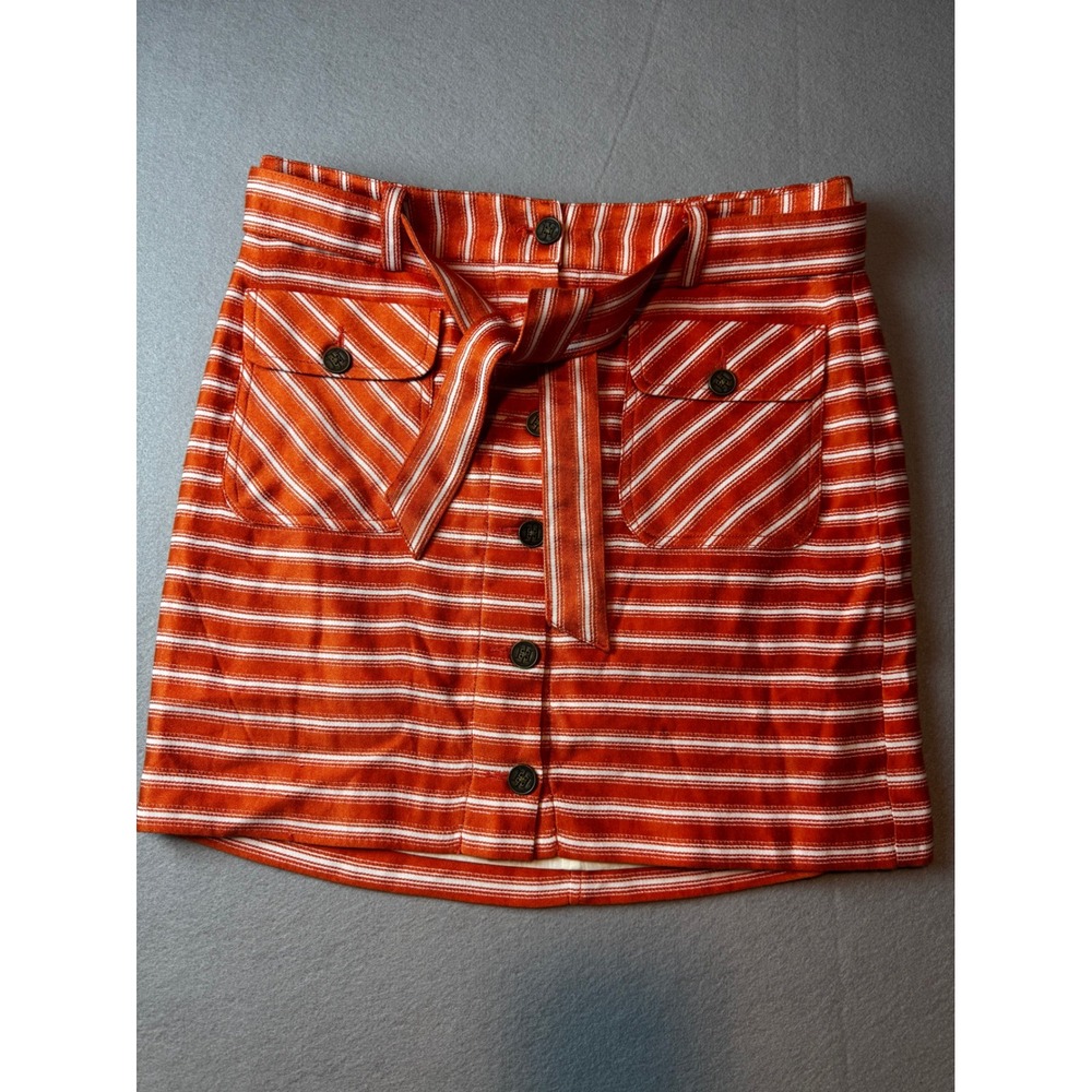Tommy Hilfiger Orange White Striped Button Front Tie Waist Linen Blend Skirt 2